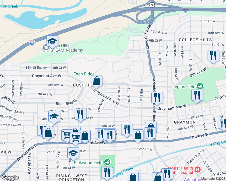 map of restaurants, bars, coffee shops, grocery stores, and more near 1102 7th Avenue West in Birmingham