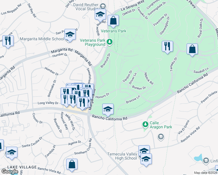 map of restaurants, bars, coffee shops, grocery stores, and more near 30840 Point Woods Court in Temecula