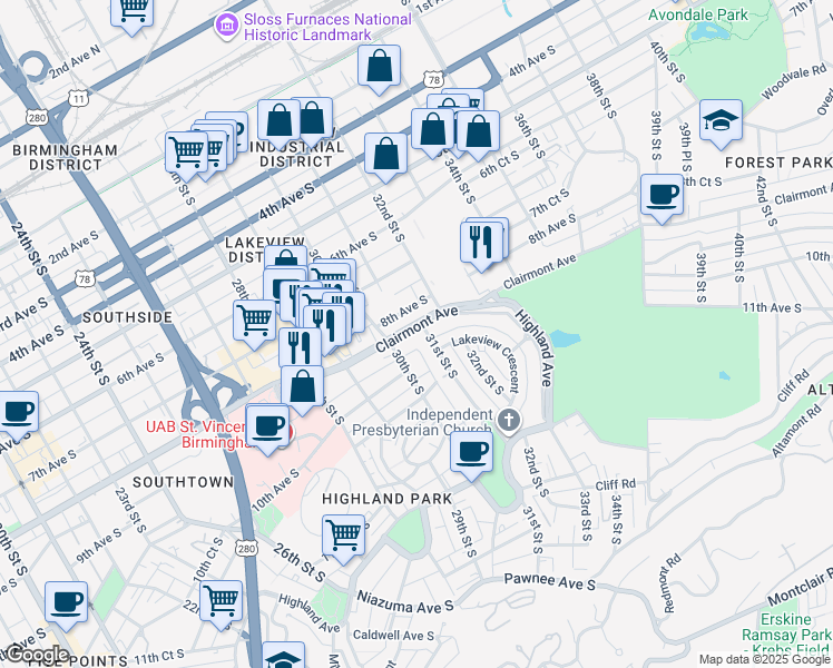 map of restaurants, bars, coffee shops, grocery stores, and more near 3101 Clairmont Avenue in Birmingham