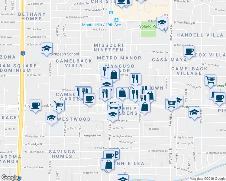 map of restaurants, bars, coffee shops, grocery stores, and more near 5045 North 19th Avenue in Phoenix