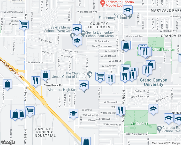 map of restaurants, bars, coffee shops, grocery stores, and more near 3741 West Medlock Drive in Phoenix
