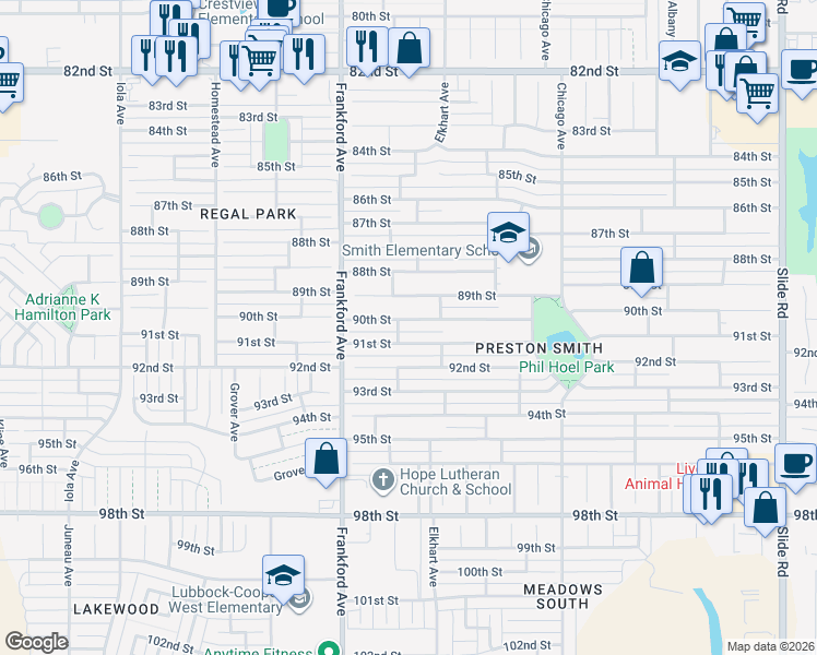 map of restaurants, bars, coffee shops, grocery stores, and more near 5711 90th Street in Lubbock
