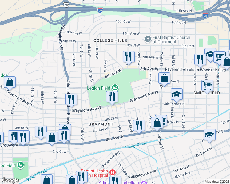 map of restaurants, bars, coffee shops, grocery stores, and more near 400 Graymont Avenue West in Birmingham