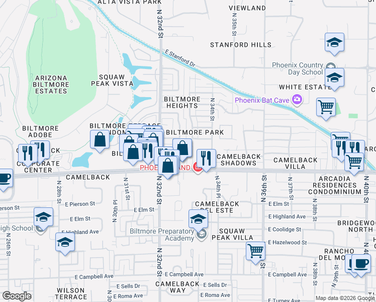 map of restaurants, bars, coffee shops, grocery stores, and more near 3270 East Camelback Road in Phoenix