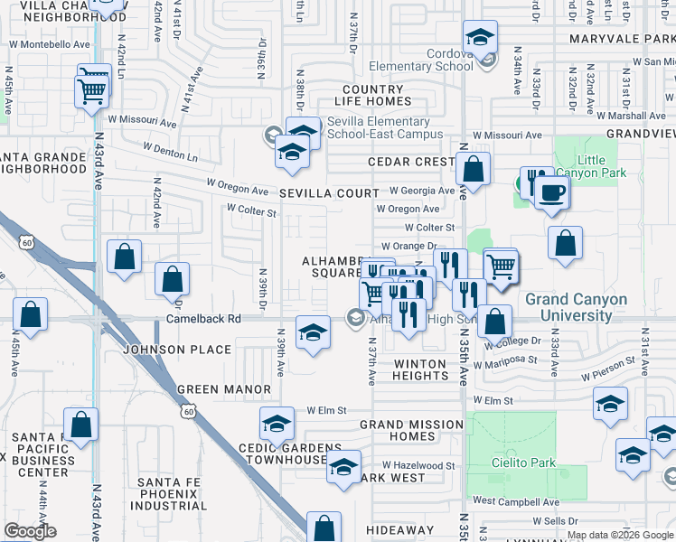 map of restaurants, bars, coffee shops, grocery stores, and more near 3741 West Medlock Drive in Phoenix