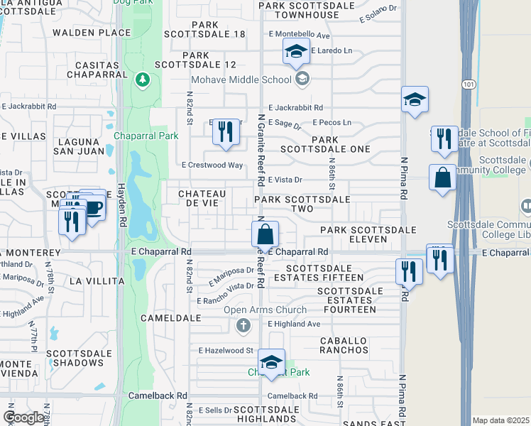 map of restaurants, bars, coffee shops, grocery stores, and more near 8401 East Orange Blossom Lane in Scottsdale
