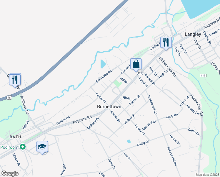 map of restaurants, bars, coffee shops, grocery stores, and more near 100-544 Reese St in Burnettown