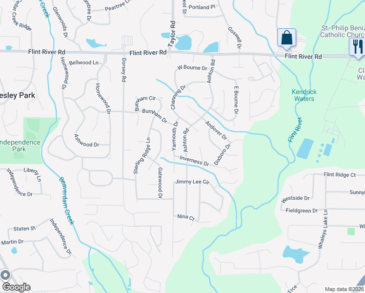 map of restaurants, bars, coffee shops, grocery stores, and more near 8949 Ashton Road in Jonesboro