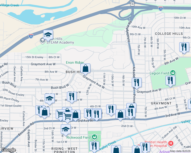map of restaurants, bars, coffee shops, grocery stores, and more near 1136 7th Avenue West in Birmingham