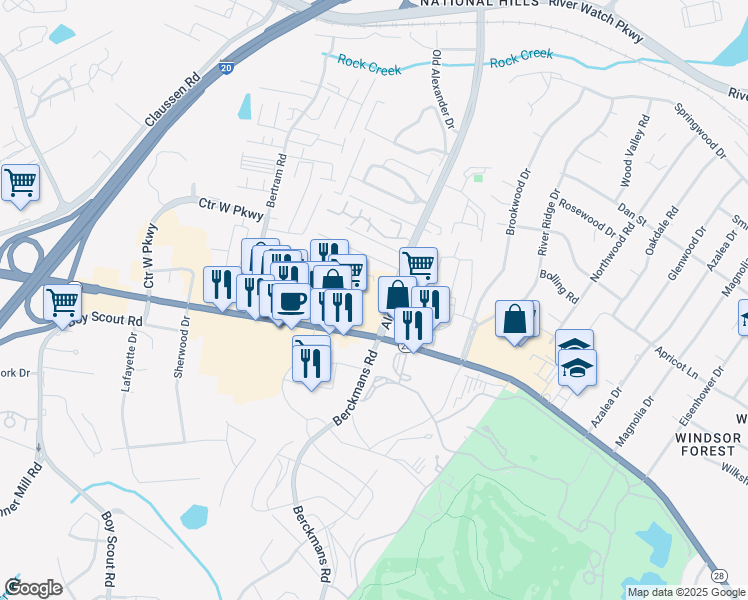 map of restaurants, bars, coffee shops, grocery stores, and more near 2801 Washington Road in Augusta