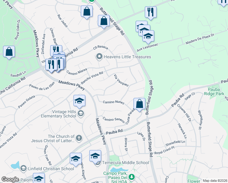 map of restaurants, bars, coffee shops, grocery stores, and more near 32154 Corte Florecita in Temecula