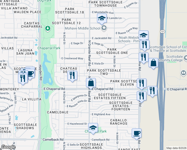 map of restaurants, bars, coffee shops, grocery stores, and more near 8401 East Orange Blossom Lane in Scottsdale
