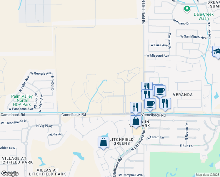 map of restaurants, bars, coffee shops, grocery stores, and more near 14100 Denny Boulevard in Litchfield Park