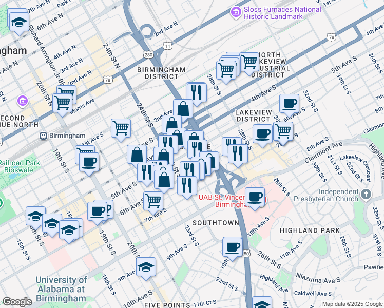 map of restaurants, bars, coffee shops, grocery stores, and more near 2501 5th Avenue South in Birmingham