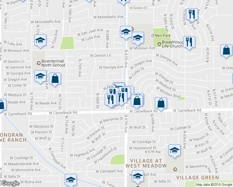 map of restaurants, bars, coffee shops, grocery stores, and more near 6731 West Medlock Drive in Glendale