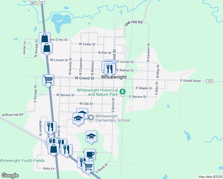 map of restaurants, bars, coffee shops, grocery stores, and more near 101 West Maple Street in Whitewright