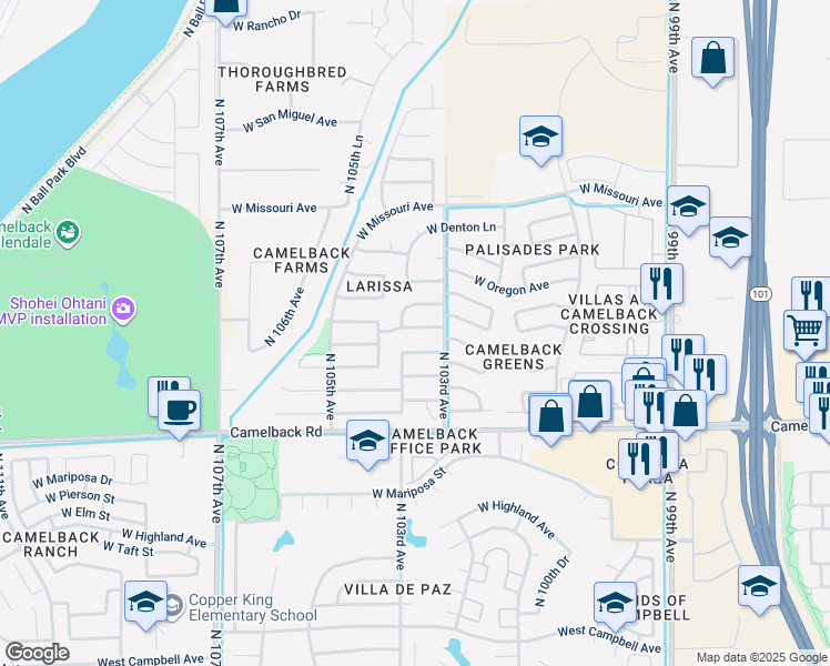 map of restaurants, bars, coffee shops, grocery stores, and more near 10323 West Medlock Drive in Glendale