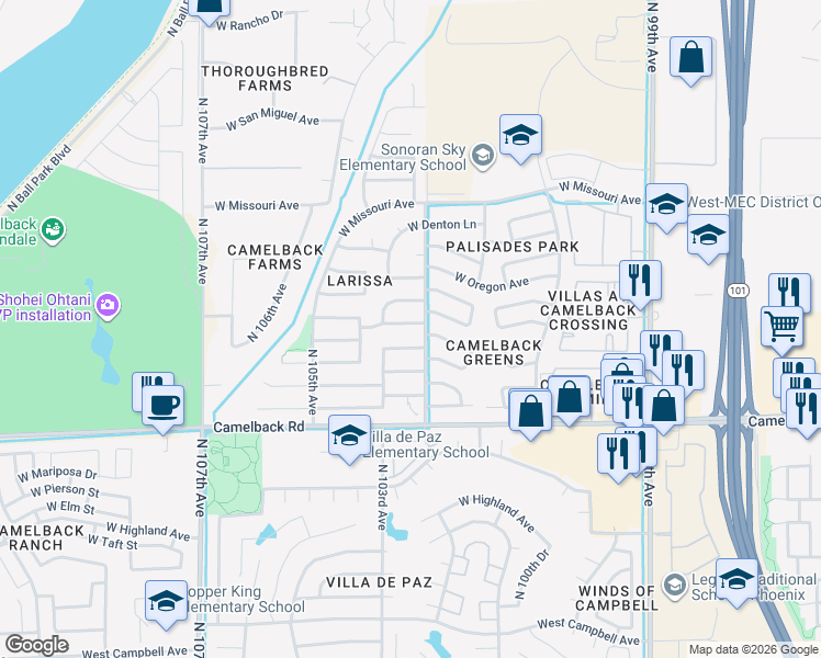 map of restaurants, bars, coffee shops, grocery stores, and more near 10309 West Medlock Drive in Glendale