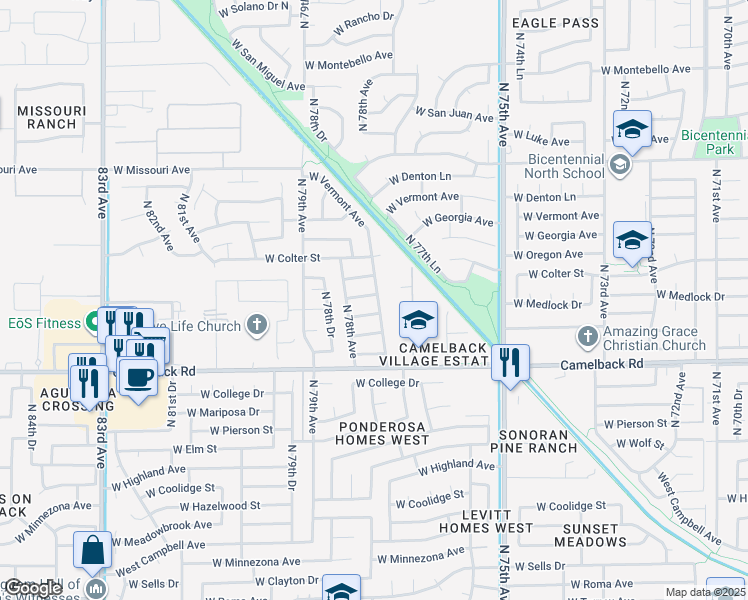 map of restaurants, bars, coffee shops, grocery stores, and more near 5127 North 77th Drive in Glendale