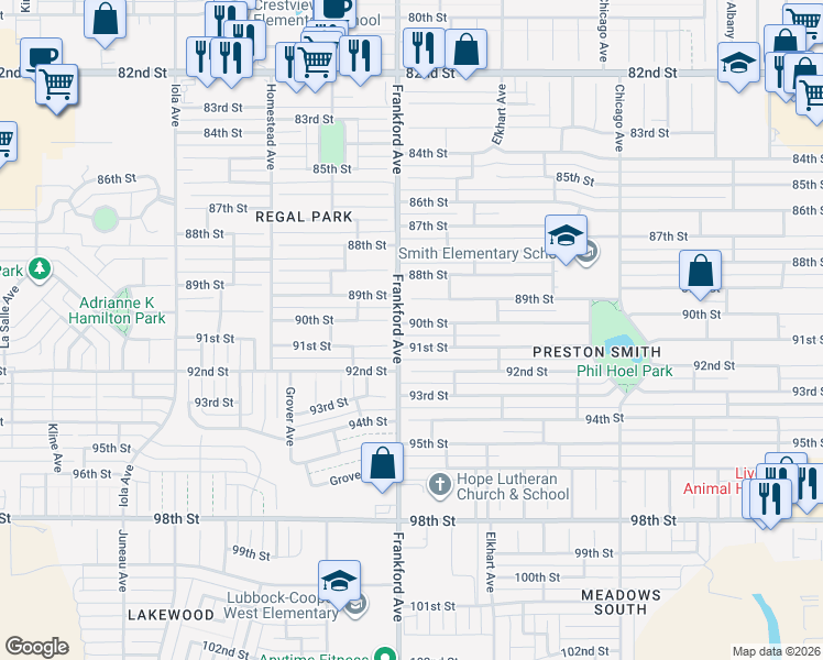 map of restaurants, bars, coffee shops, grocery stores, and more near 5725 90th Street in Lubbock