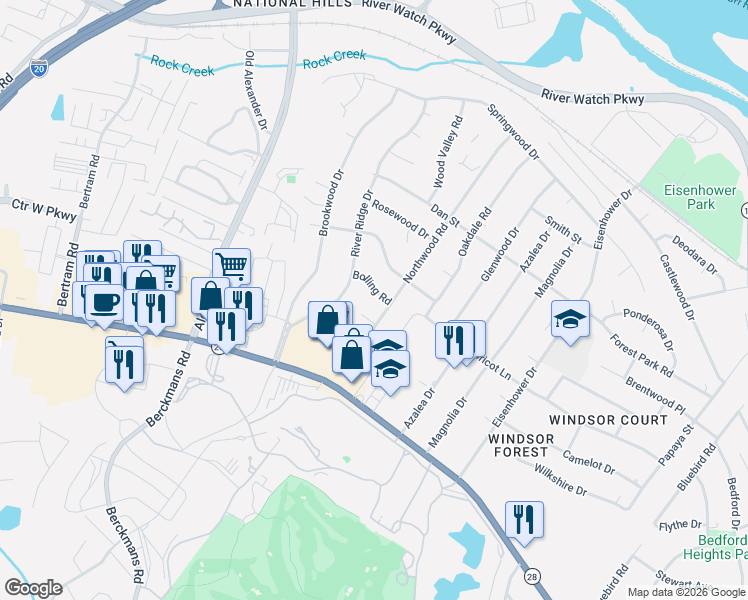 map of restaurants, bars, coffee shops, grocery stores, and more near 2701 Bolling Road in Augusta