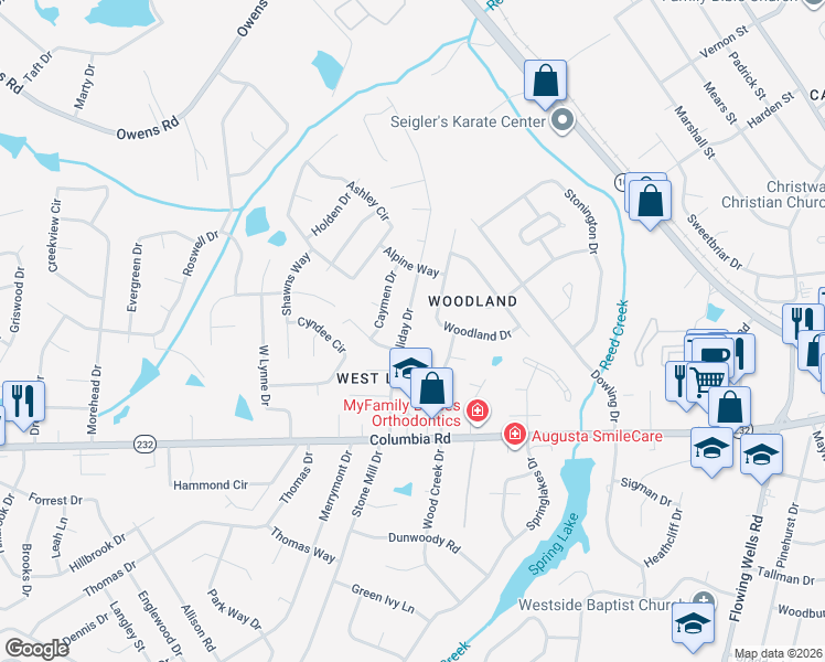 map of restaurants, bars, coffee shops, grocery stores, and more near 139 Woodland Drive in Martinez
