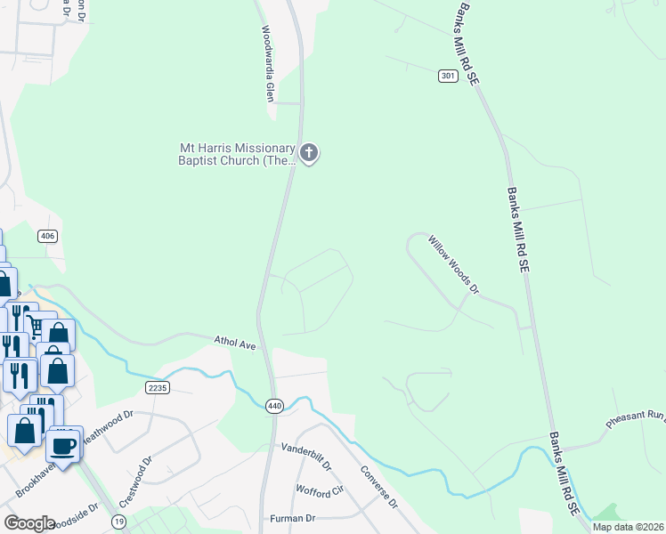 map of restaurants, bars, coffee shops, grocery stores, and more near 1901 Powderhouse Road Southeast in Aiken