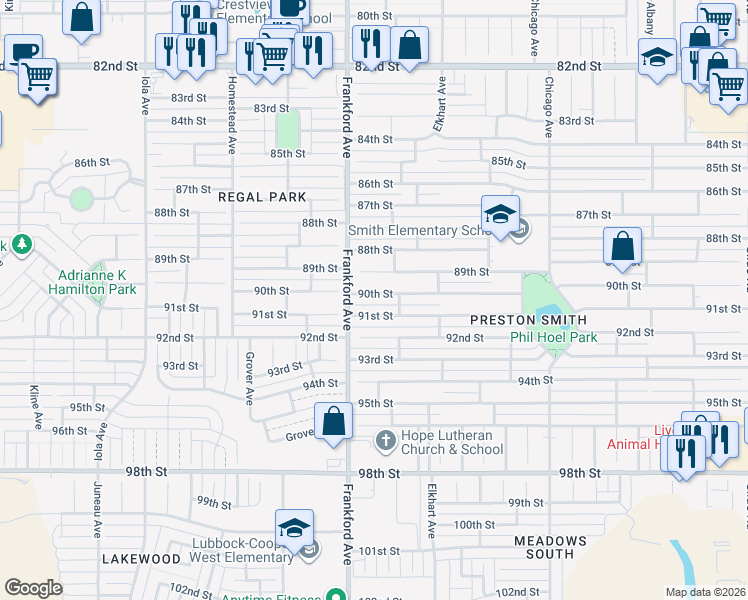 map of restaurants, bars, coffee shops, grocery stores, and more near 5725 90th Street in Lubbock