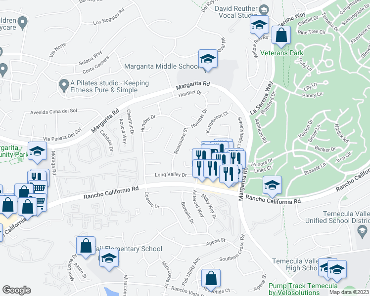 map of restaurants, bars, coffee shops, grocery stores, and more near 30393 Danube Court in Temecula