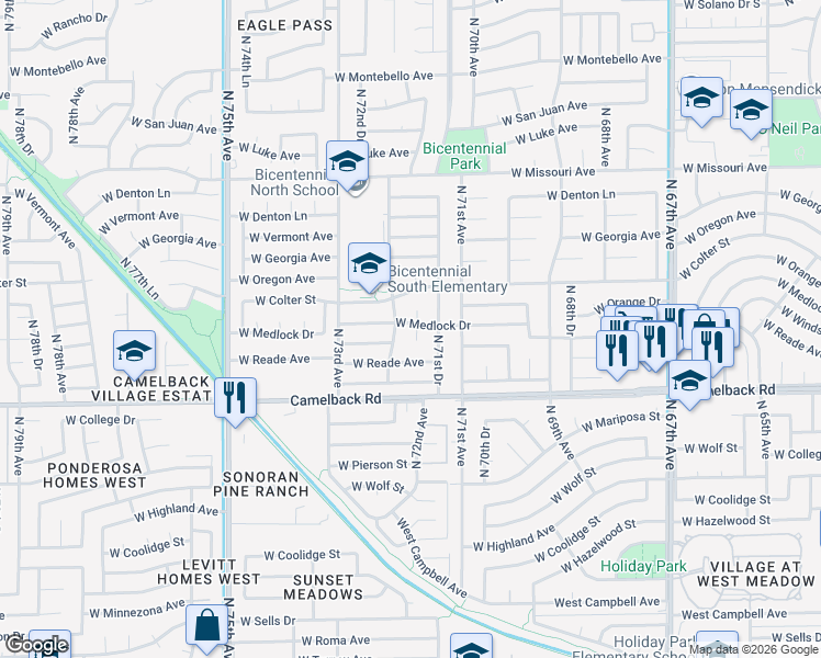 map of restaurants, bars, coffee shops, grocery stores, and more near 5064 North 71st Lane in Glendale