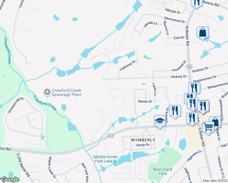 map of restaurants, bars, coffee shops, grocery stores, and more near 794 Houston Lake Drive in Evans