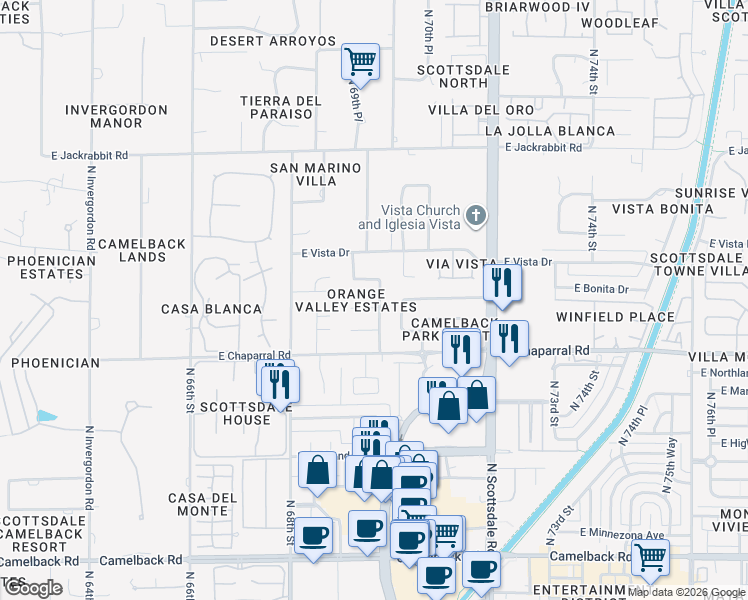 map of restaurants, bars, coffee shops, grocery stores, and more near 6924 East Orange Blossom Drive in Paradise Valley