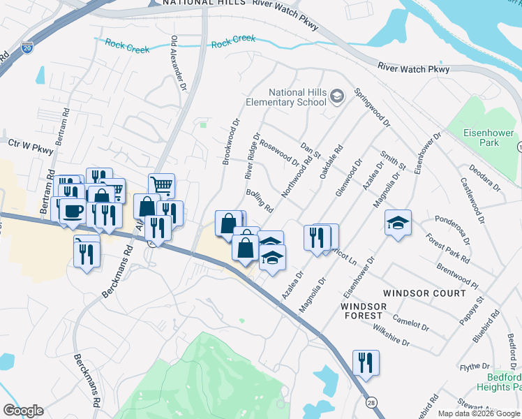 map of restaurants, bars, coffee shops, grocery stores, and more near 2701 Bolling Road in Augusta