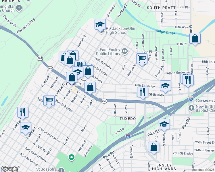 map of restaurants, bars, coffee shops, grocery stores, and more near 901 18th Street Ensley in Birmingham