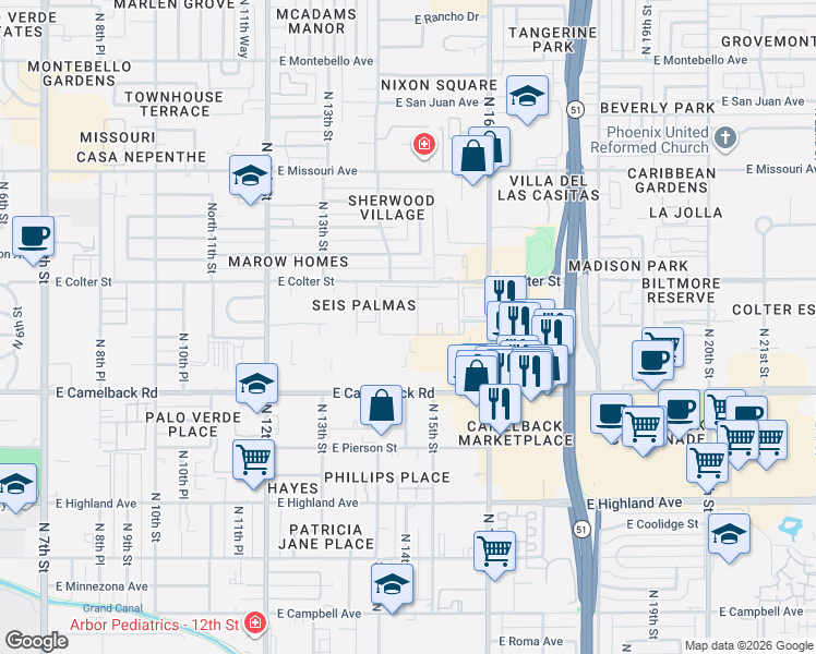 map of restaurants, bars, coffee shops, grocery stores, and more near 5128 North 15th Street in Phoenix