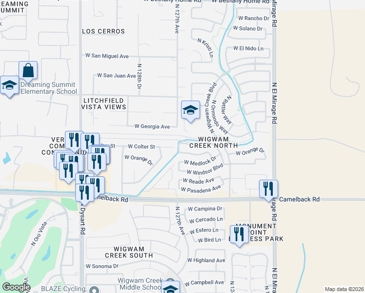 map of restaurants, bars, coffee shops, grocery stores, and more near 12645 West Colter Street in Litchfield Park