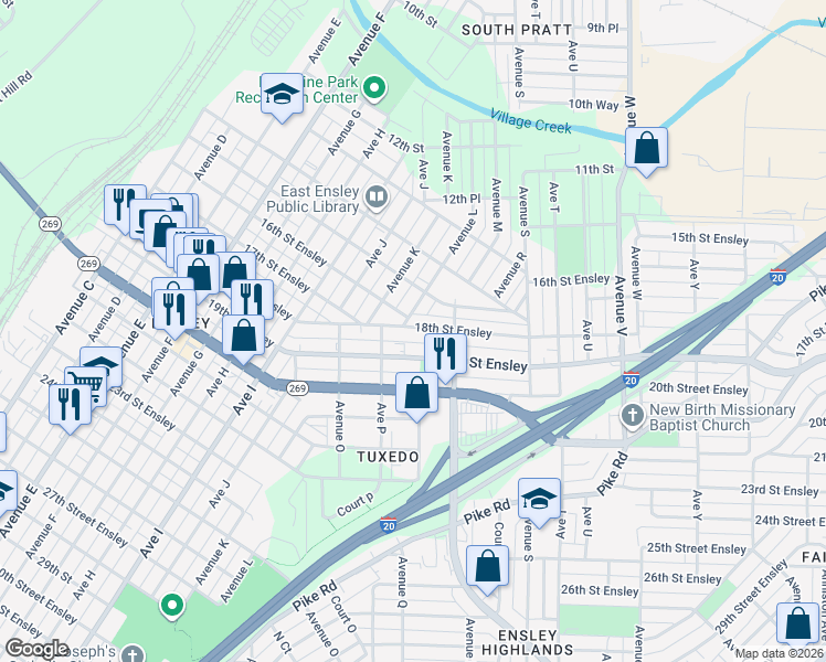 map of restaurants, bars, coffee shops, grocery stores, and more near 1625 18th Street Ensley in Birmingham