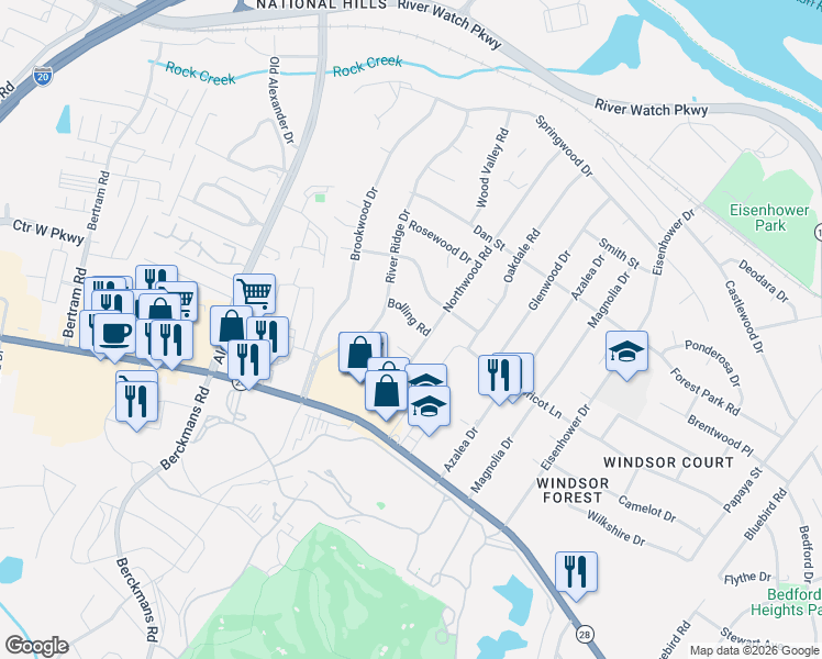 map of restaurants, bars, coffee shops, grocery stores, and more near 2701 Bolling Road in Augusta