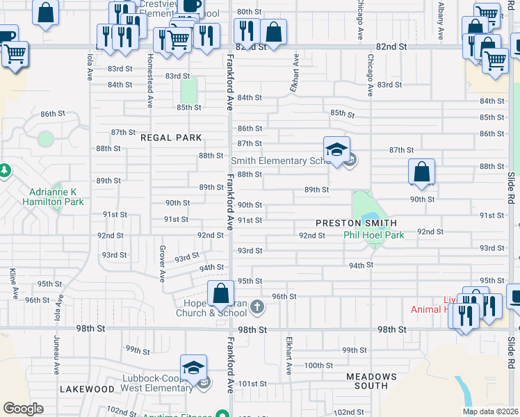 map of restaurants, bars, coffee shops, grocery stores, and more near 5725 90th Street in Lubbock