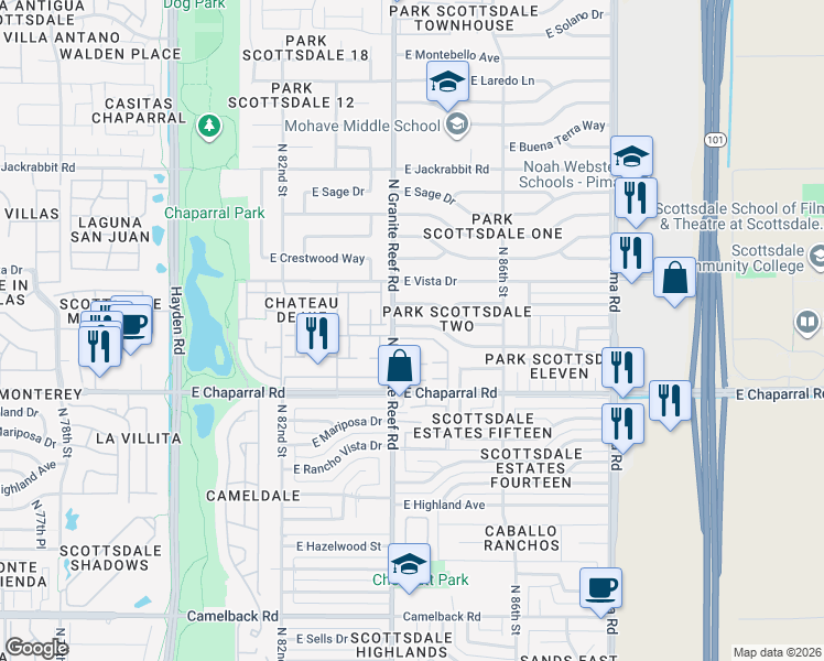 map of restaurants, bars, coffee shops, grocery stores, and more near 8401 East Orange Blossom Lane in Scottsdale