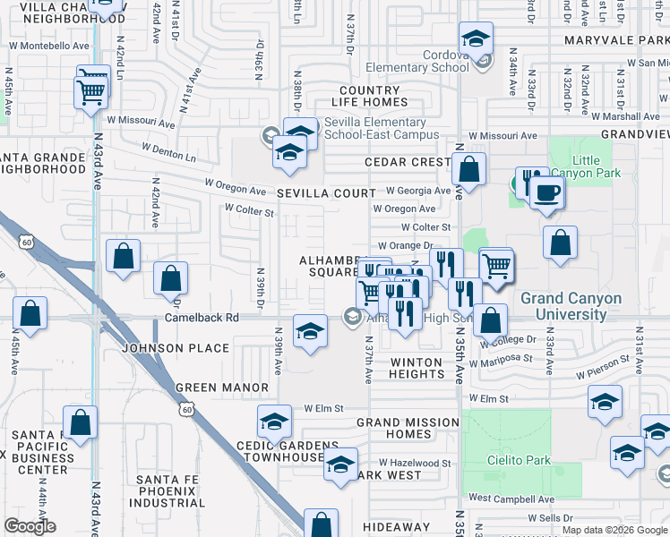 map of restaurants, bars, coffee shops, grocery stores, and more near 3741 West Medlock Drive in Phoenix