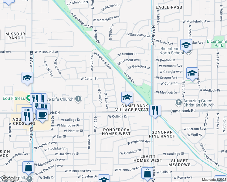 map of restaurants, bars, coffee shops, grocery stores, and more near 5127 North 77th Drive in Glendale
