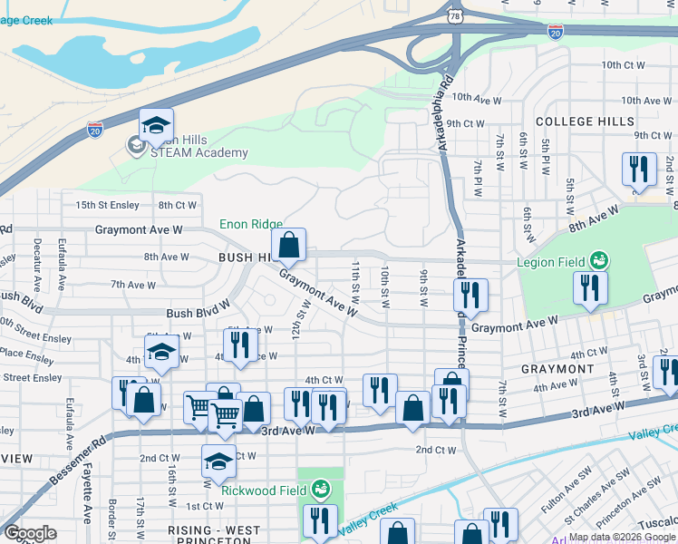 map of restaurants, bars, coffee shops, grocery stores, and more near 1102 7th Avenue West in Birmingham
