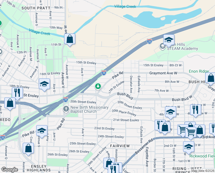 map of restaurants, bars, coffee shops, grocery stores, and more near 2724 17th Street Ensley in Birmingham