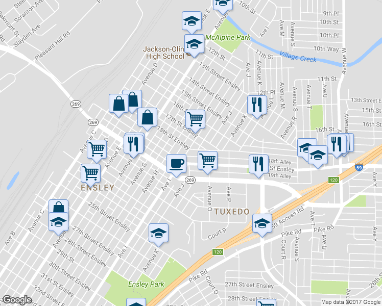 map of restaurants, bars, coffee shops, grocery stores, and more near 901 18th Street Ensley in Birmingham