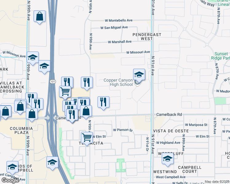 map of restaurants, bars, coffee shops, grocery stores, and more near 9309 West Orange Drive in Glendale