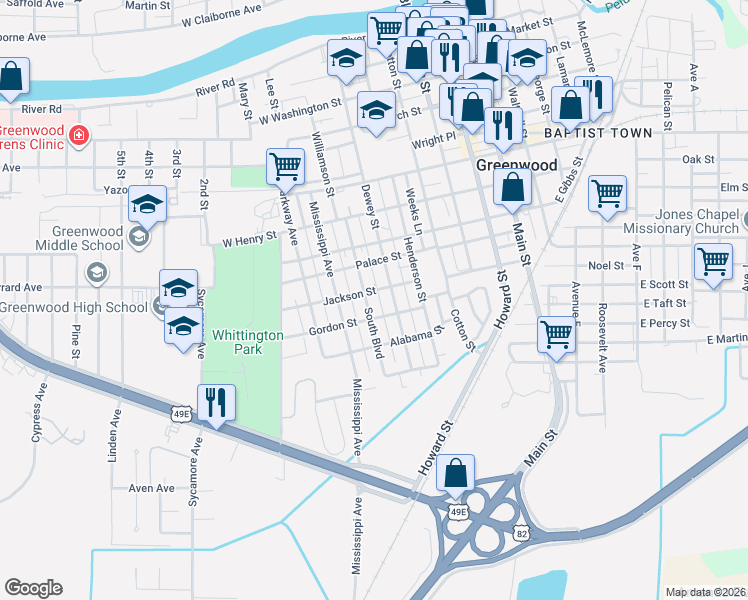 map of restaurants, bars, coffee shops, grocery stores, and more near 1001 South Boulevard in Greenwood