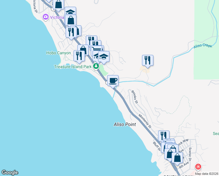 map of restaurants, bars, coffee shops, grocery stores, and more near 31091 Coast Highway in Laguna Beach