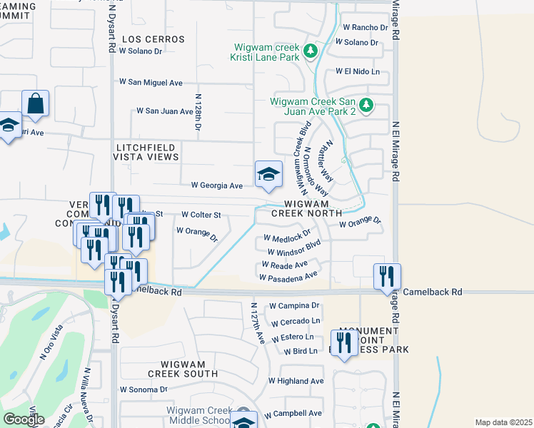 map of restaurants, bars, coffee shops, grocery stores, and more near 12637 West Colter Street in Litchfield Park