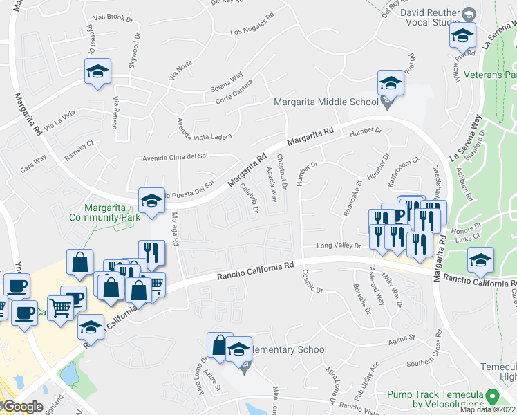 map of restaurants, bars, coffee shops, grocery stores, and more near 42130 Calabria Drive in Temecula